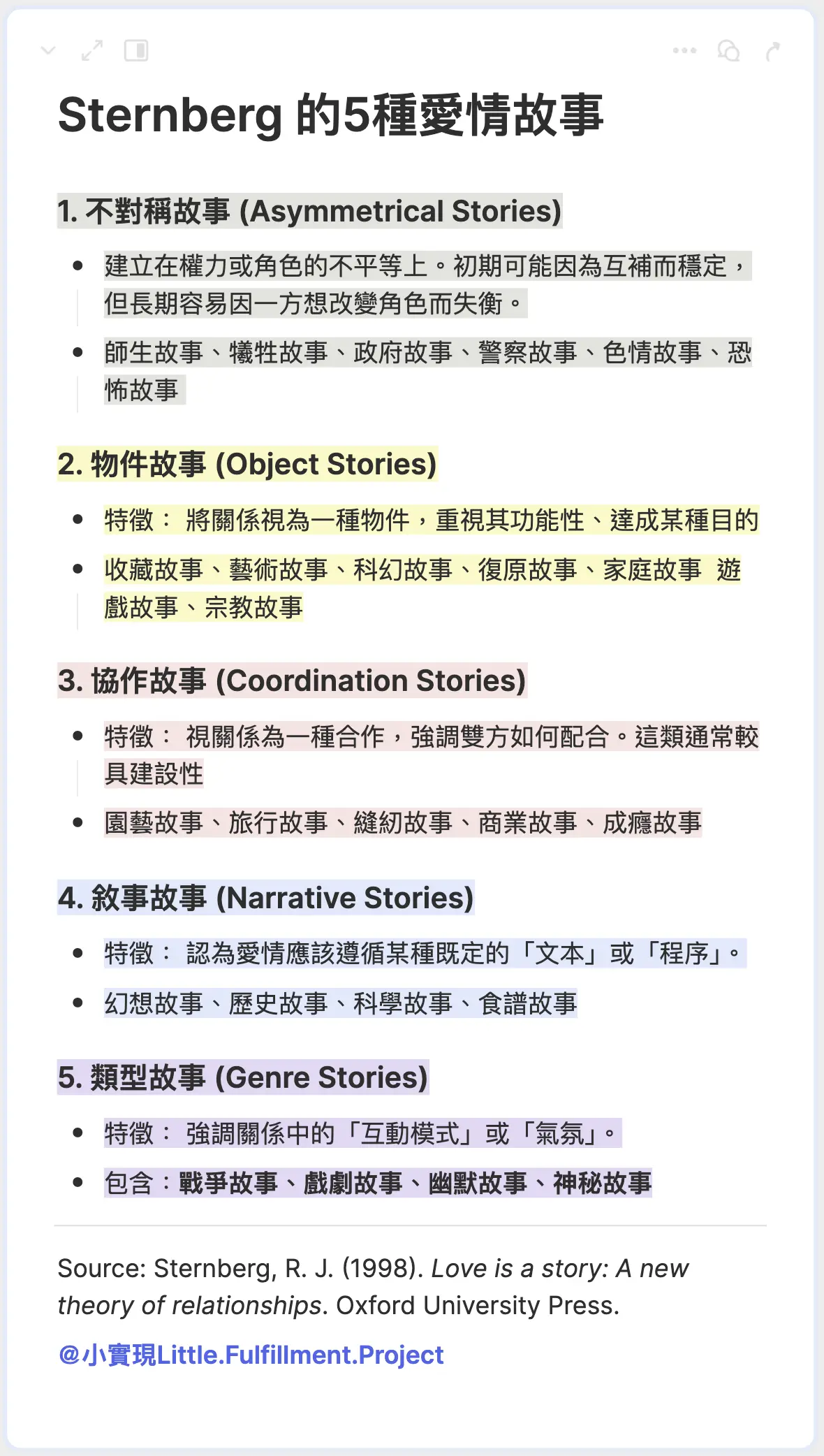 Sternberg 的5種愛情故事類別