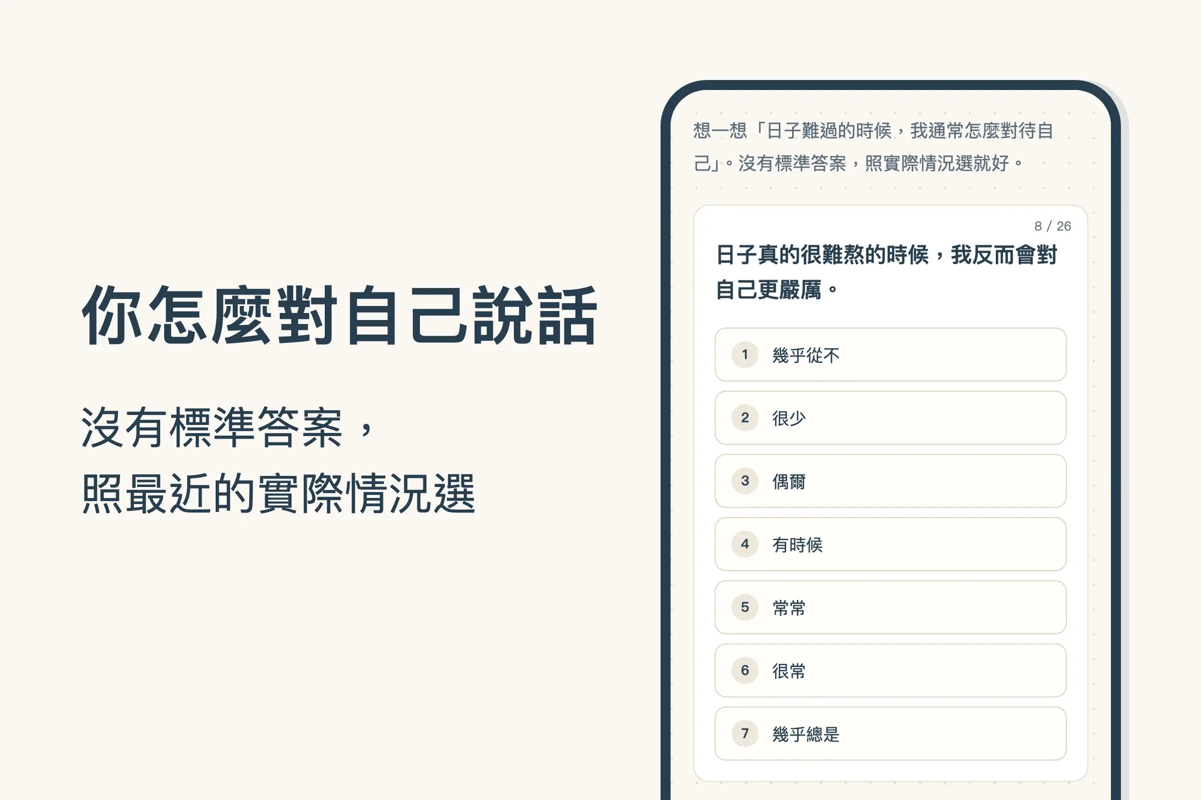 小地圖自我疼惜作答中的手機畫面：第 8 題「日子真的很難熬的時候，我反而會對自己更嚴厲。」下面是從幾乎從不到幾乎總是的七個選項