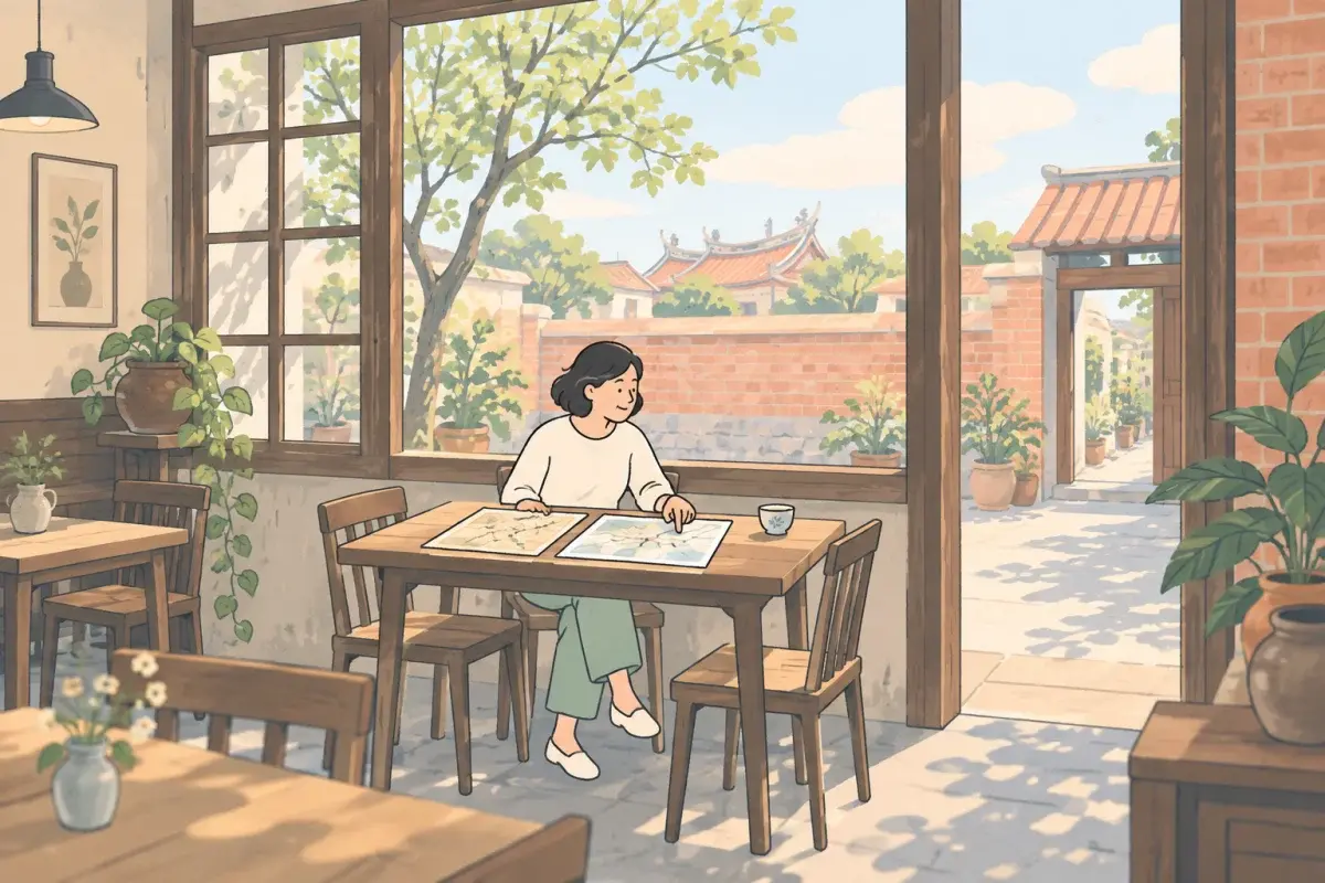 一位女生在老屋咖啡館裡,把兩張手繪地圖並排放在桌上比較