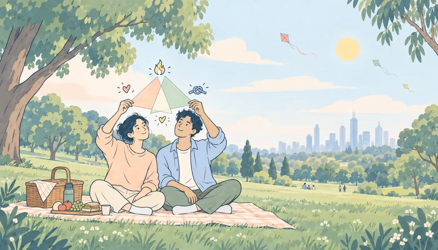 墨爾本的大公園草地上,兩個人舉起三角形的紙片比對形狀,天空有風箏,遠方是城市天際線