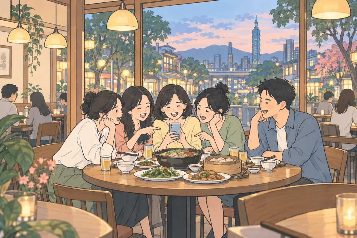 傍晚的台北小餐館，幾個朋友圍著圓桌湊在一支手機前，笑著指著螢幕熱烈討論，旁邊的男生笑著看她們