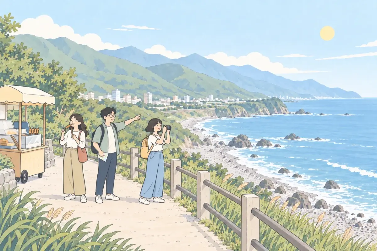 花蓮的海岸步道，三個一起旅行的朋友各做各的：一個拍海景、一個看地圖指路、一個開心地吃著小攤買的烤串