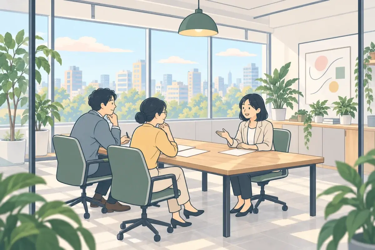 明亮的會議室裡，一個穿西裝外套的女生正在面試，她攤開一隻手說明一個具體的例子，對面兩位面試官點頭聽著