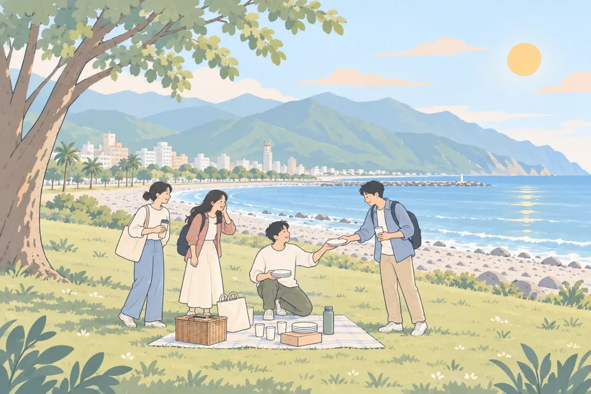 秋天的花蓮海邊草地，幾個朋友準備野餐，其中一個男生沒人開口就先鋪好野餐墊，順手把盤子和飲料分給大家