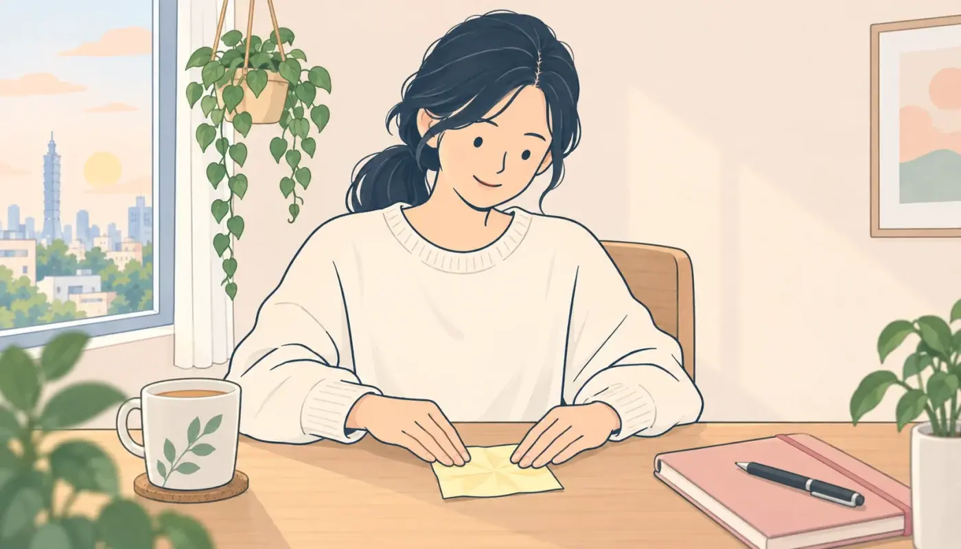 台北套房的書桌前，一個綁低馬尾的女生用雙手把一張揉皺的便條紙輕輕攤平，嘴角帶著一點原諒自己的笑