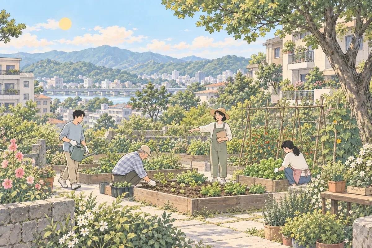 週六早上的社區菜園，一個戴草帽、拿著板夾的女生指著菜圃自然地分配工作，志工有的提著澆水壺、有的蹲下來種菜苗