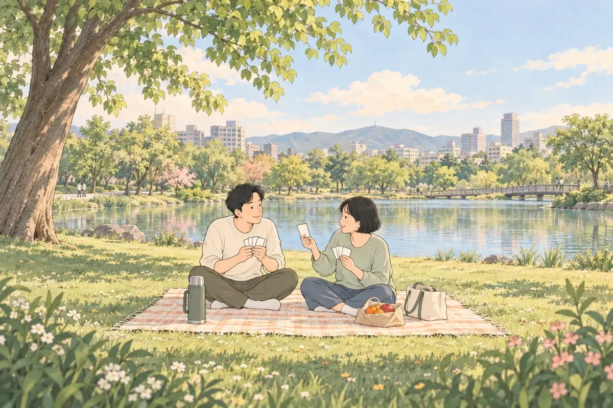 春天的公園草地上，一對情侶坐在野餐墊上，各自拿著幾張空白卡片，女生把其中一張遞給男生看，男生好奇地湊過來