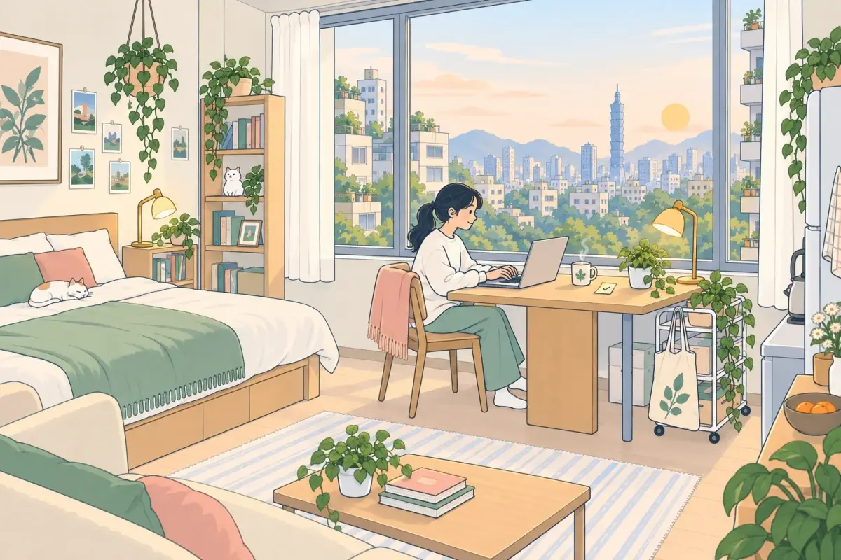 早晨的套房，女生坐在窗邊書桌前，一邊喝茶一邊用筆電補上一件事，旁邊一張便條紙打了勾