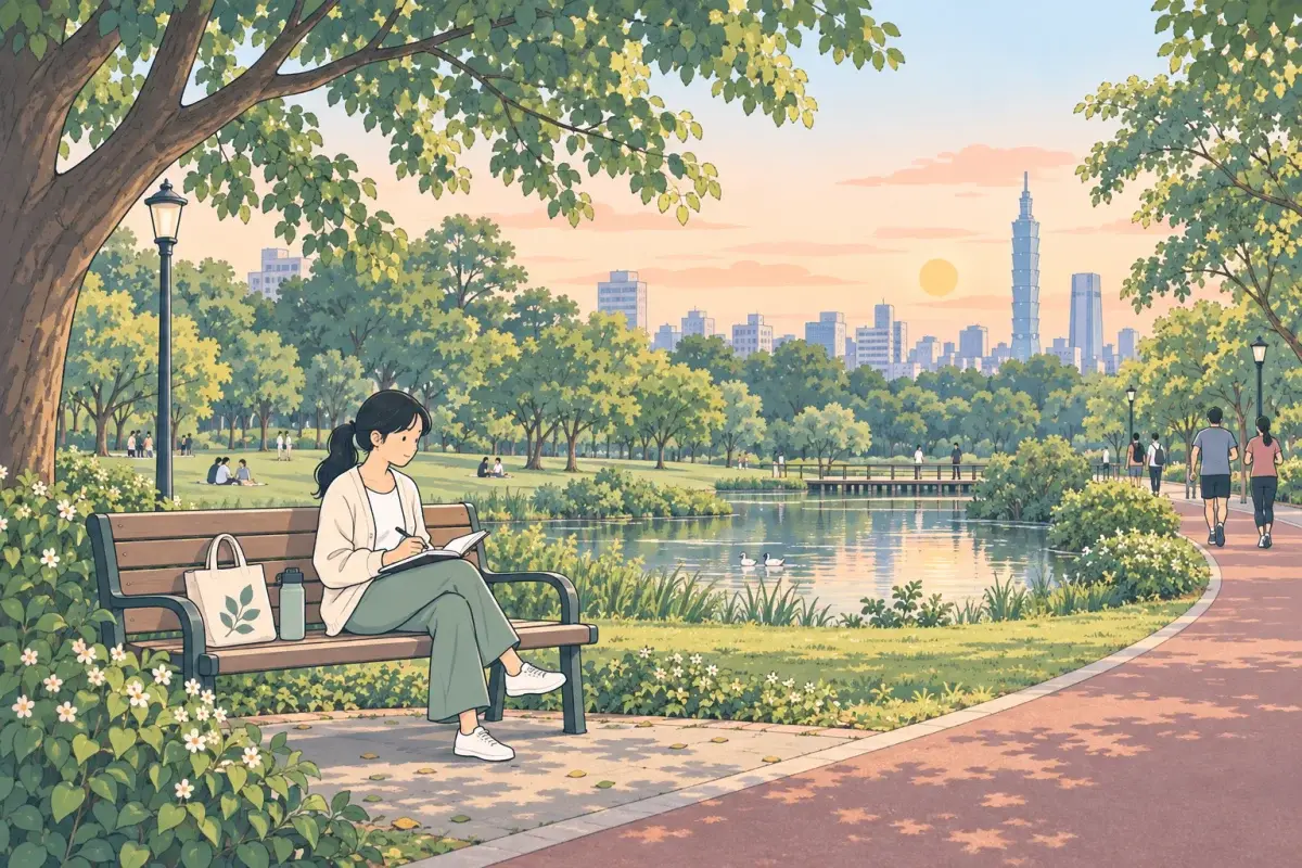 傍晚的大安森林公園，一個綁低馬尾的女生坐在長椅上，攤開筆記本拿著筆，平靜地準備寫下接下來能補的事