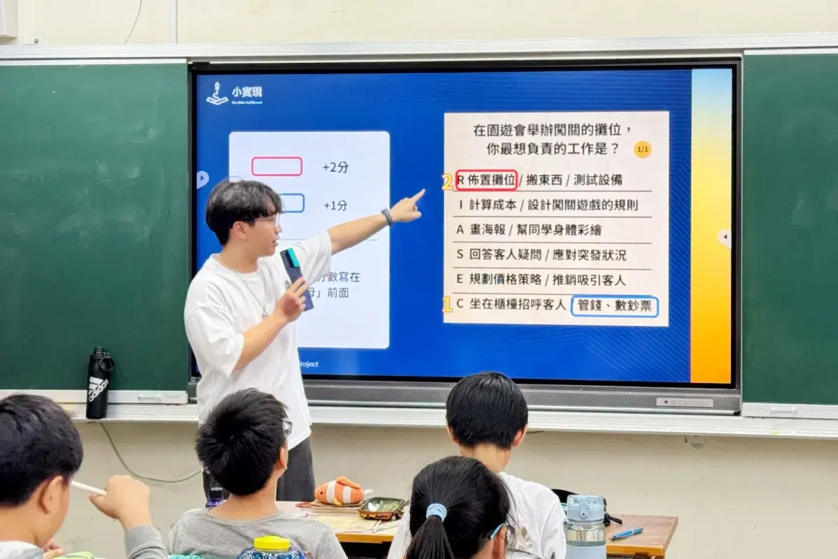 Derrick 在國小教室帶生涯興趣探索課，指著投影片上的題目解說
