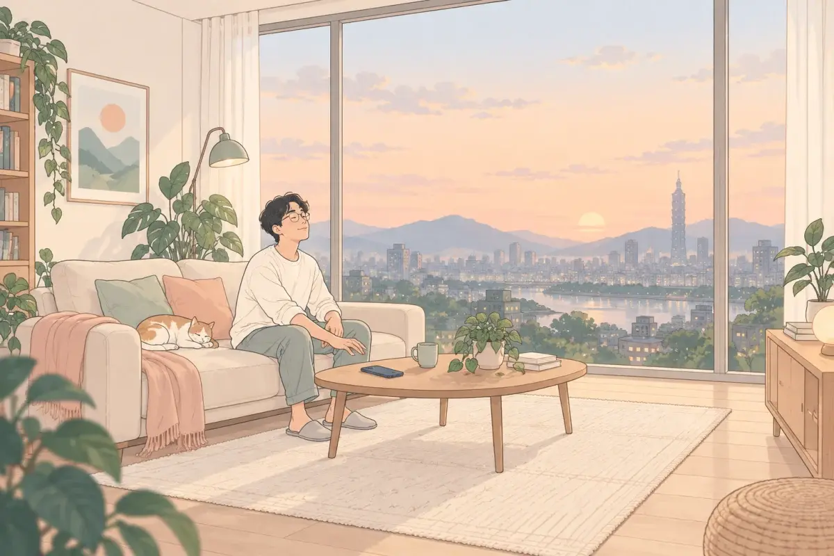 傍晚的客廳，大片落地窗外是城市和遠山，一個戴眼鏡的男性伸出的手停在半空，桌上的手機蓋著，他正深吸一口氣