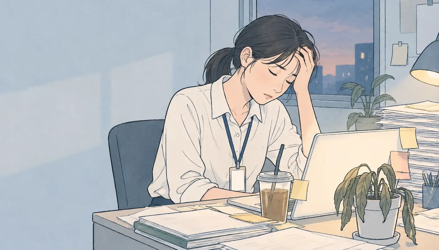 傍晚的辦公桌前，一個女生閉著眼扶著額頭，桌上堆著文件、冷掉的飲料和一盆垂下葉子的植物