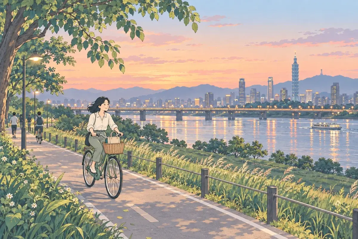 傍晚的河濱自行車道，一個穿著上班服的女生騎著腳踏車，包包放在前面的籃子裡，對岸是城市的天際線