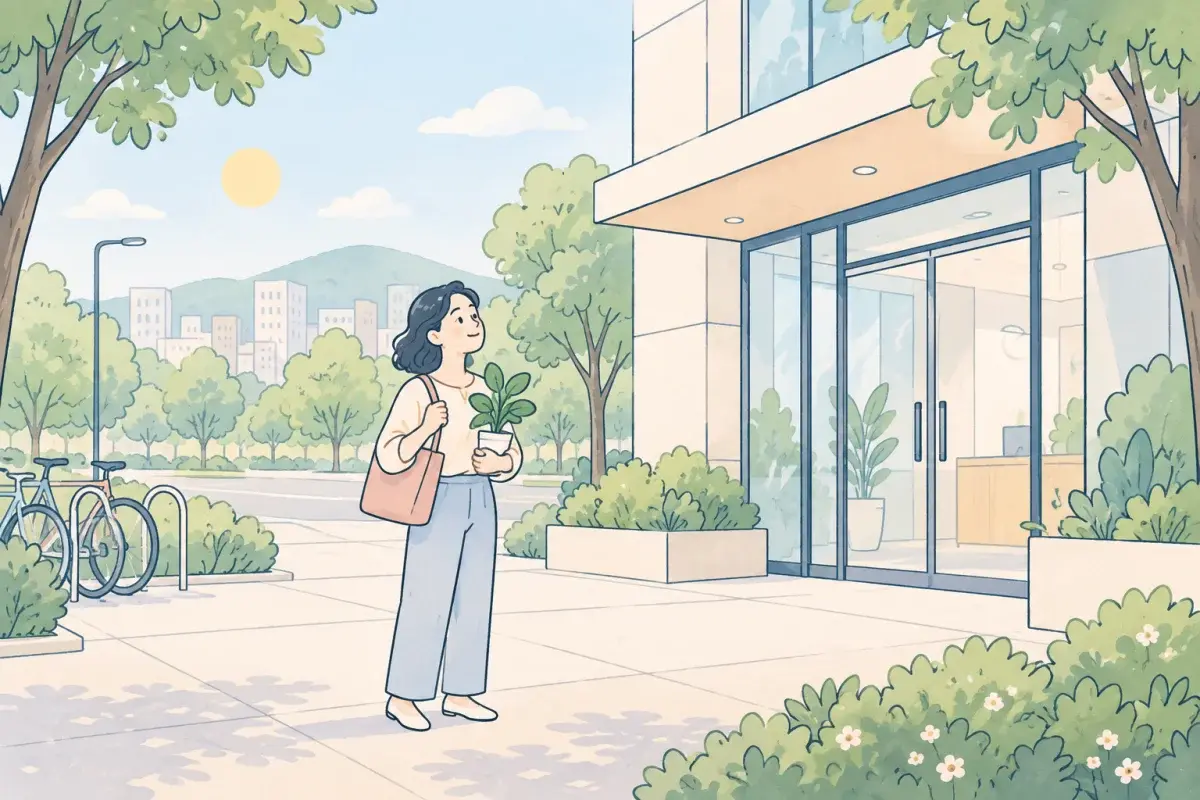 早晨街角的辦公大樓門口，一位捲髮的女性第一天上班，抱著一小盆植物，嘴角帶笑，手指有點緊張地抓著包包背帶