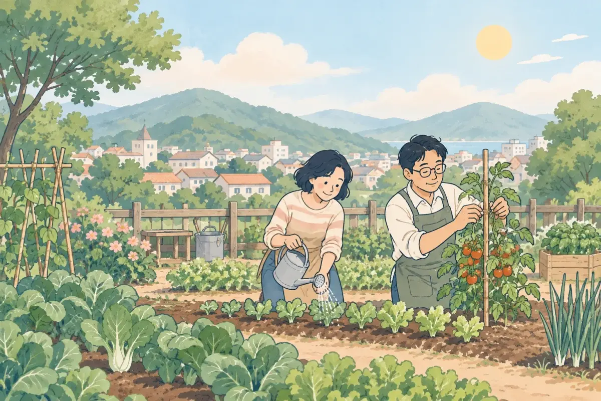 小鎮邊的社區菜園裡，一對中年伴侶一起照顧同一塊菜圃，一個人澆水，一個人替番茄綁支架，遠方是山和屋頂