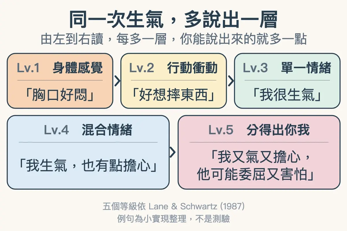 同一次生氣在五個等級的樣子：胸口好悶、好想摔東西、我很生氣、我生氣也有點擔心、我又氣又擔心而他可能委屈又害怕
