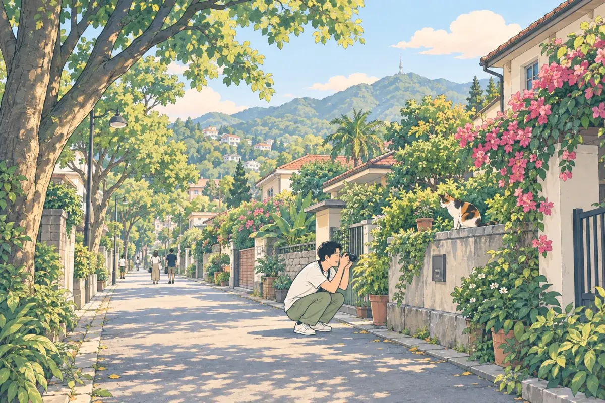 週末早晨天母綠蔭的住宅巷弄，男生脖子掛著小相機，蹲下來笑著拍一隻坐在矮牆上的三花貓
