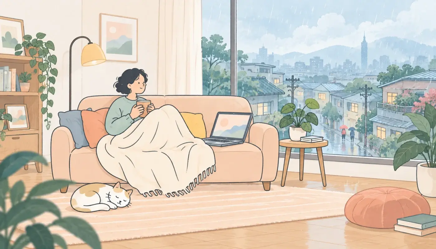 下雨的午後，一個人裹著毯子窩在沙發上喝熱飲，筆電闔在一旁，窗外是雨中的城市
