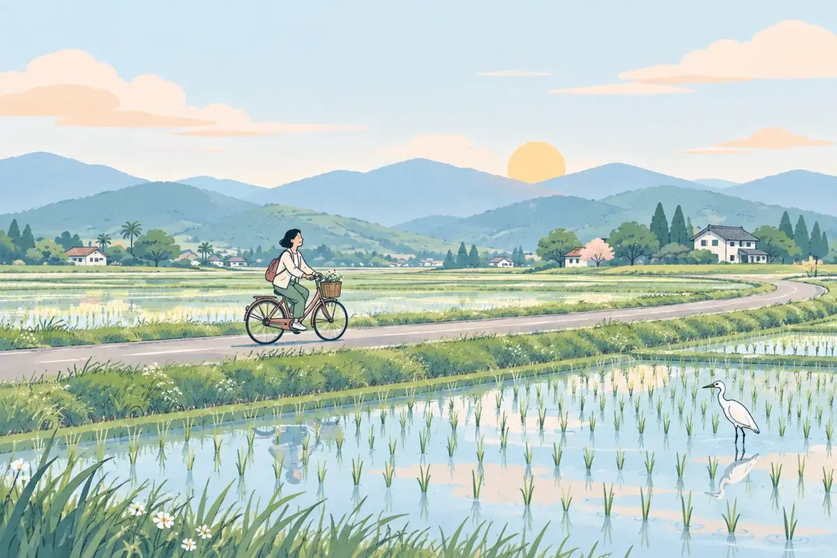 宜蘭的田間小路上,一個女生慢慢騎著腳踏車,遠處是稻田和山