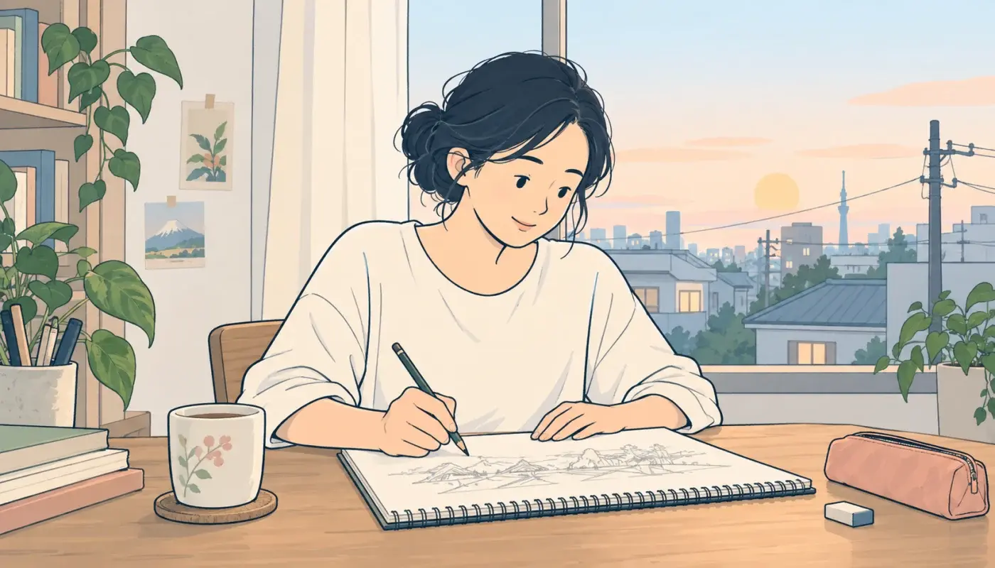 東京公寓的窗邊，一個綁低髮髻的女生低頭在素描本上畫畫，專注到旁邊那杯茶都涼了，嘴角微微帶笑