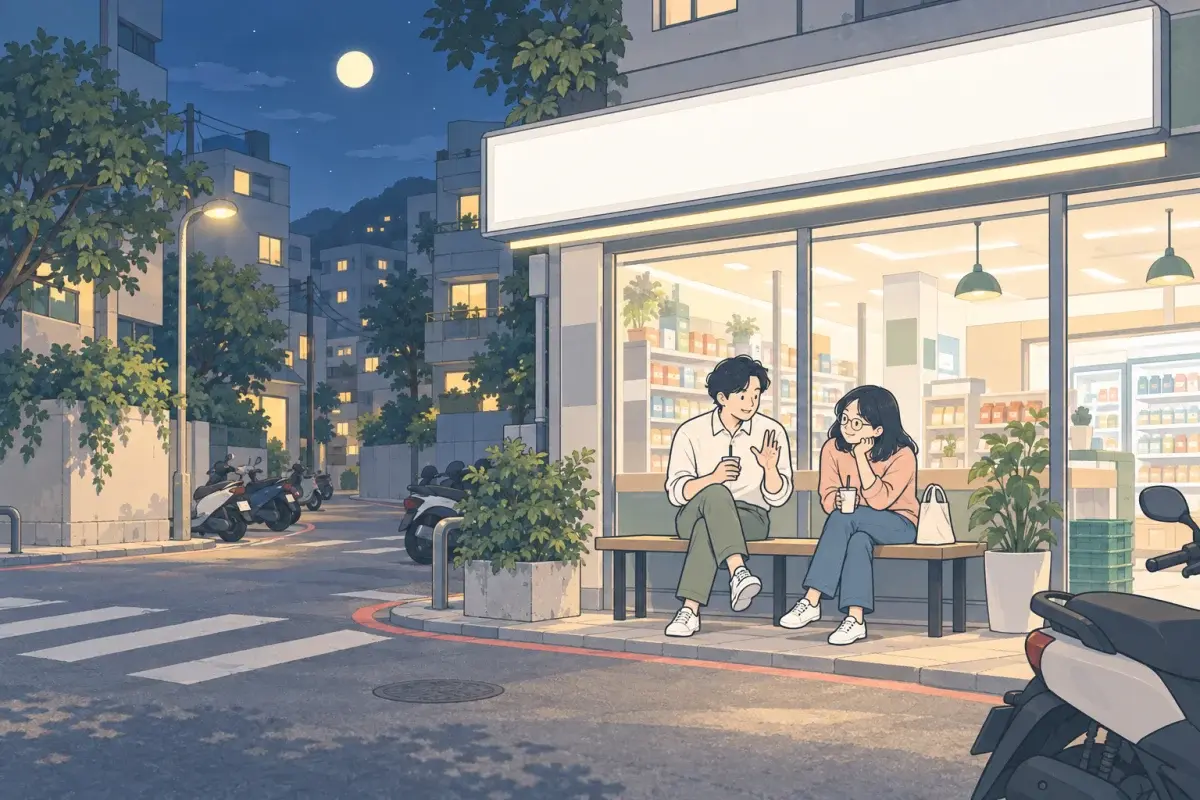 夜裡的便利商店門口，兩個朋友坐在長椅上喝飲料，男生比著手說得很認真，戴眼鏡的女生托著下巴專心聽