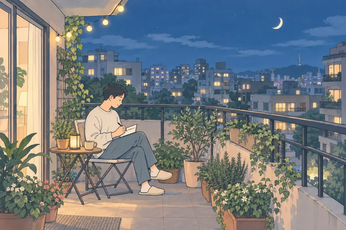 夜裡的小陽台，一個穿毛衣的男生坐在摺疊椅上，在小筆記本裡寫下一行字，旁邊放著一杯熱飲
