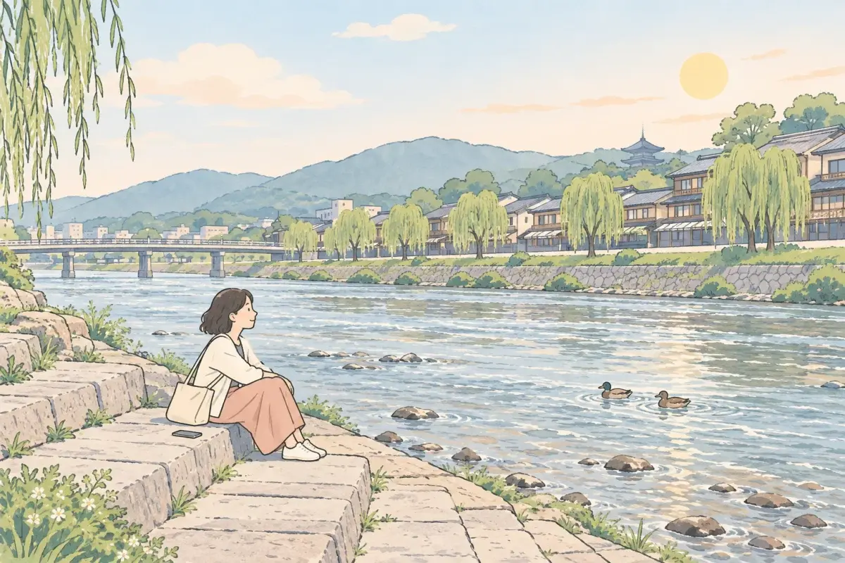 京都鴨川邊的石階上,一個人把手機螢幕朝下放在身邊,靜靜看著河水與對岸的樹