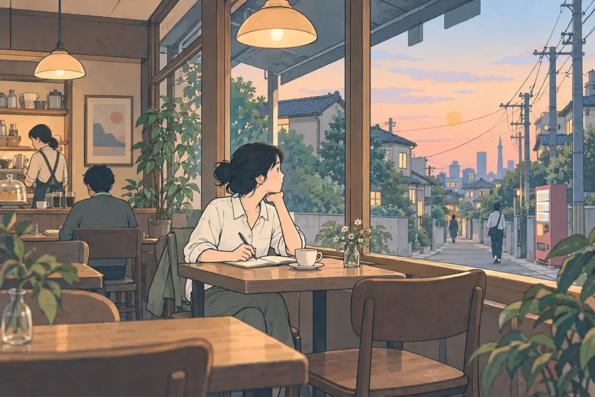 東京住宅區的老咖啡店，女生在窗邊寫筆記寫到入神，抬起頭才發現窗外已經是黃昏