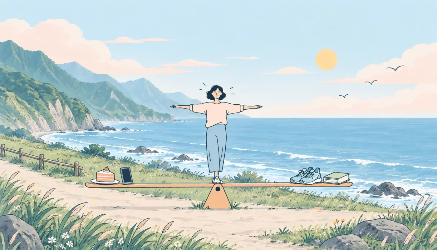 花蓮海岸邊,一個人張開雙臂站在蹺蹺板的中間保持平衡,身後是太平洋和陡峭的青山
