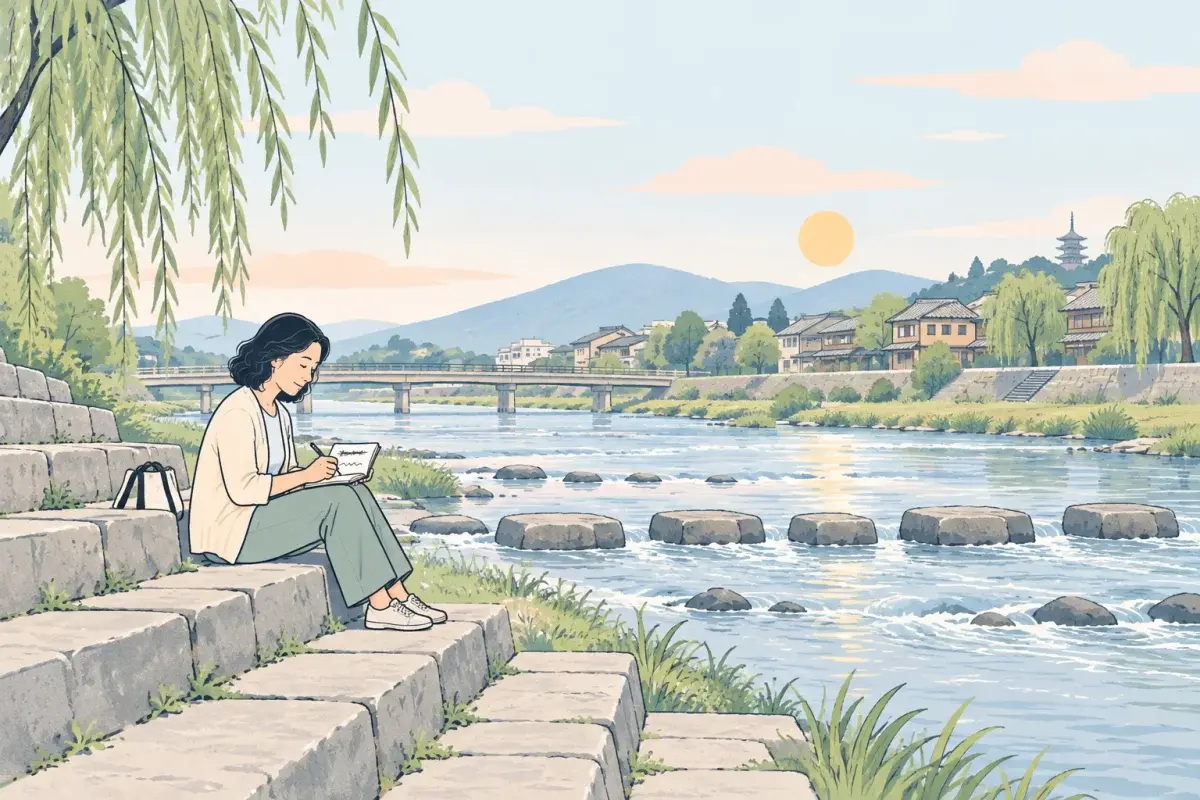 一位女生坐在河岸的石階上，在小筆記本上寫字，其中一行被劃掉，下面重寫了一行