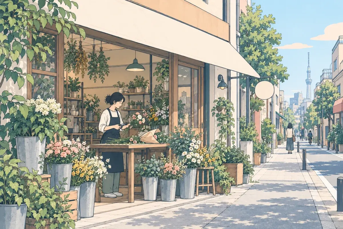 東京商店街上的小花店，繫著圍裙的女生在工作台前專心地修剪花莖、整理一束花