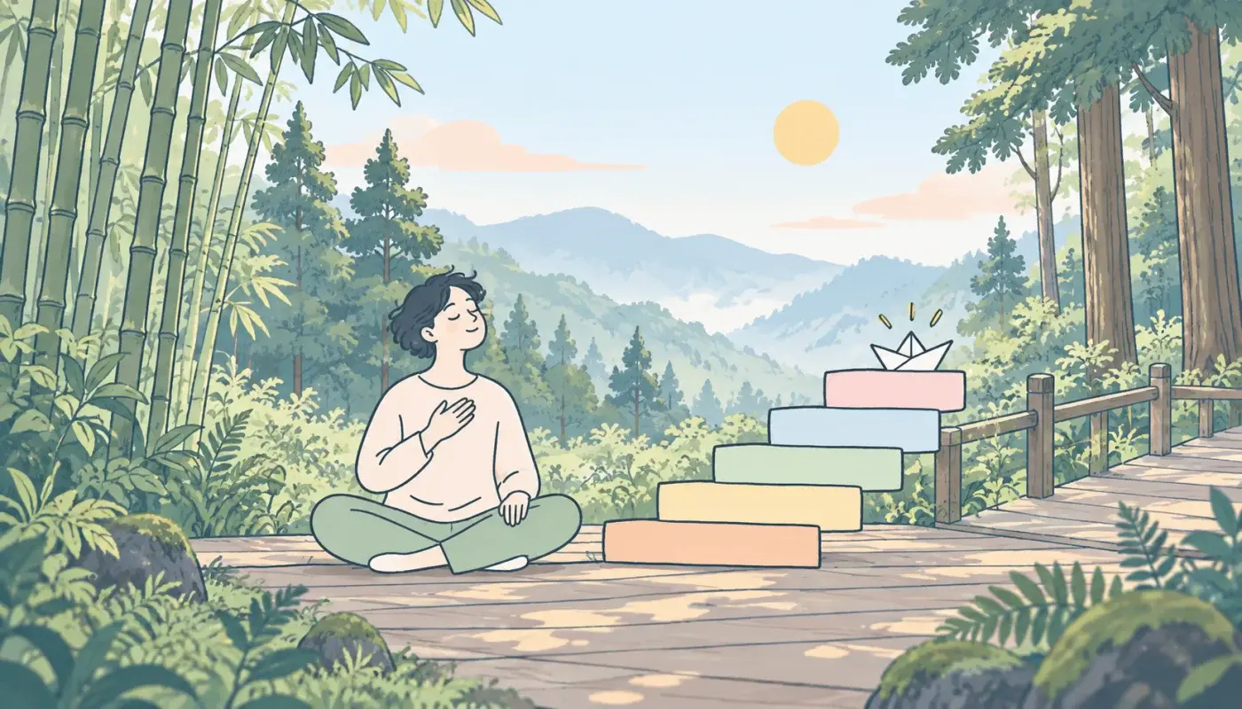溪頭竹林裡的木棧道上，一個人盤腿坐著、手放在胸口，身旁有一道五階的淡彩階梯