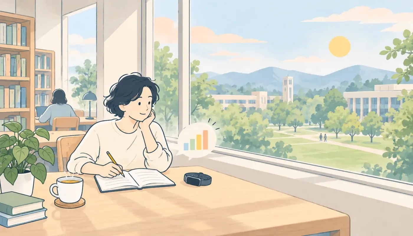 新竹大學圖書館的窗邊座位，一個人托著下巴在筆記本上記錄，窗外是校園草地