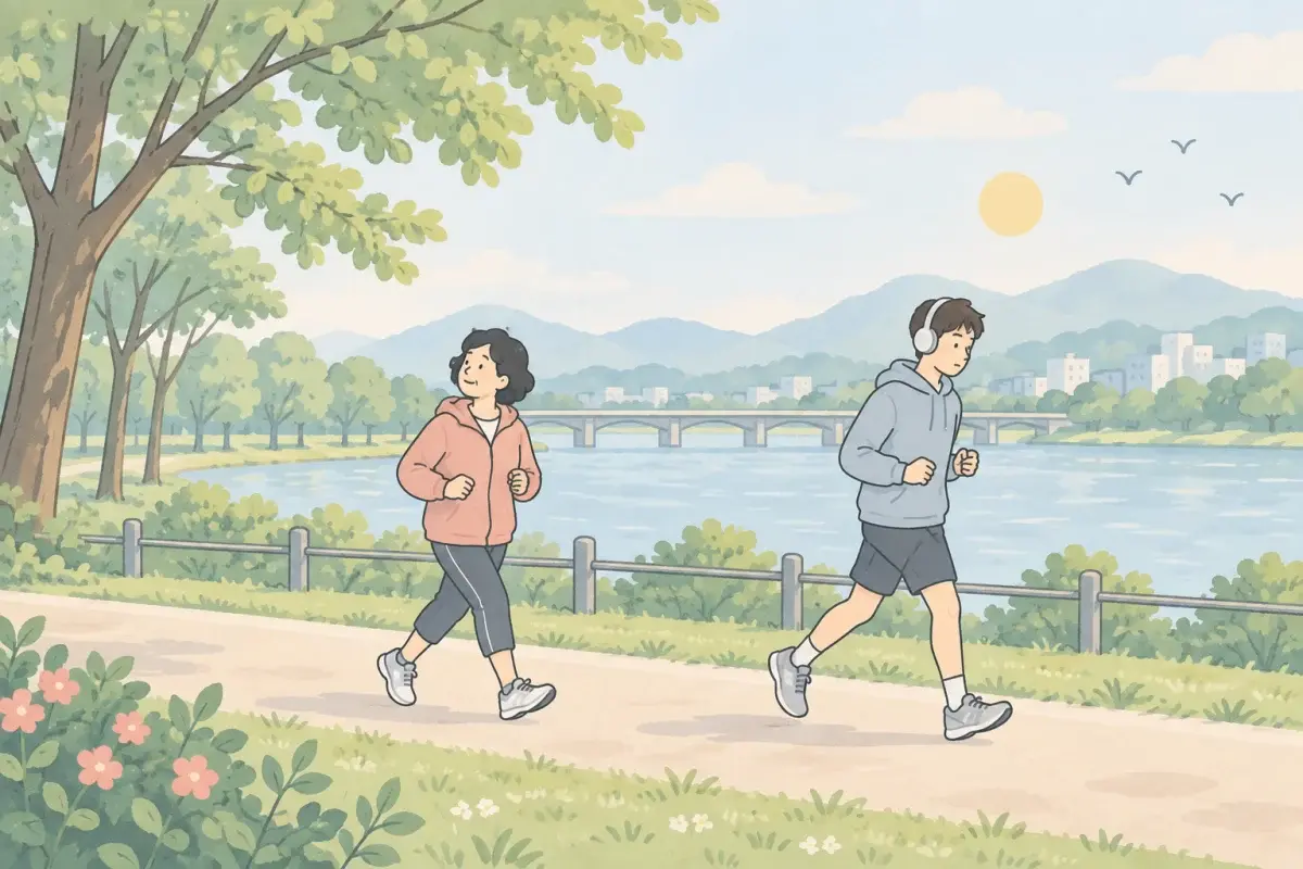 河濱步道上兩個人在慢跑，一位年長女性邊跑邊抬頭看樹，一位戴耳機的年輕男性低著頭、若有所思地往前跑