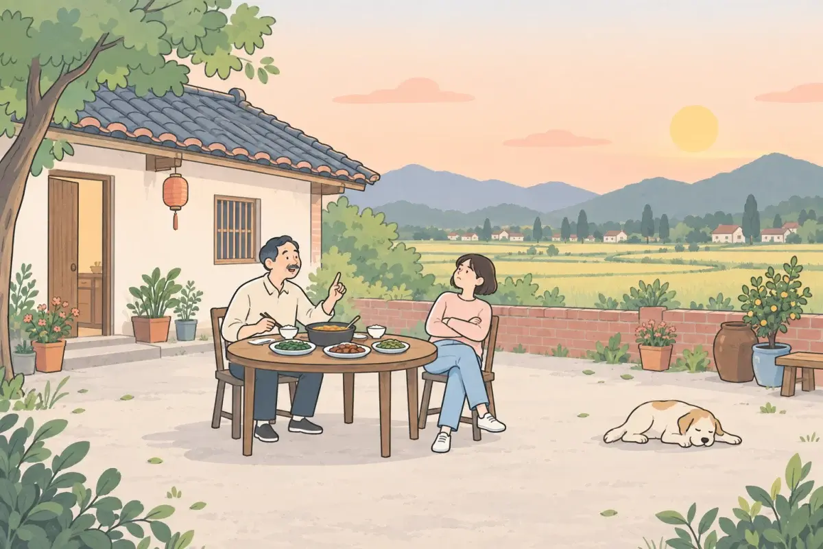 傍晚鄉下老家的院子裡圍著圓桌吃飯，一位留小鬍子的長輩舉著一根手指給建議，對面短髮的年輕女性往椅背一靠、雙手抱胸別過臉