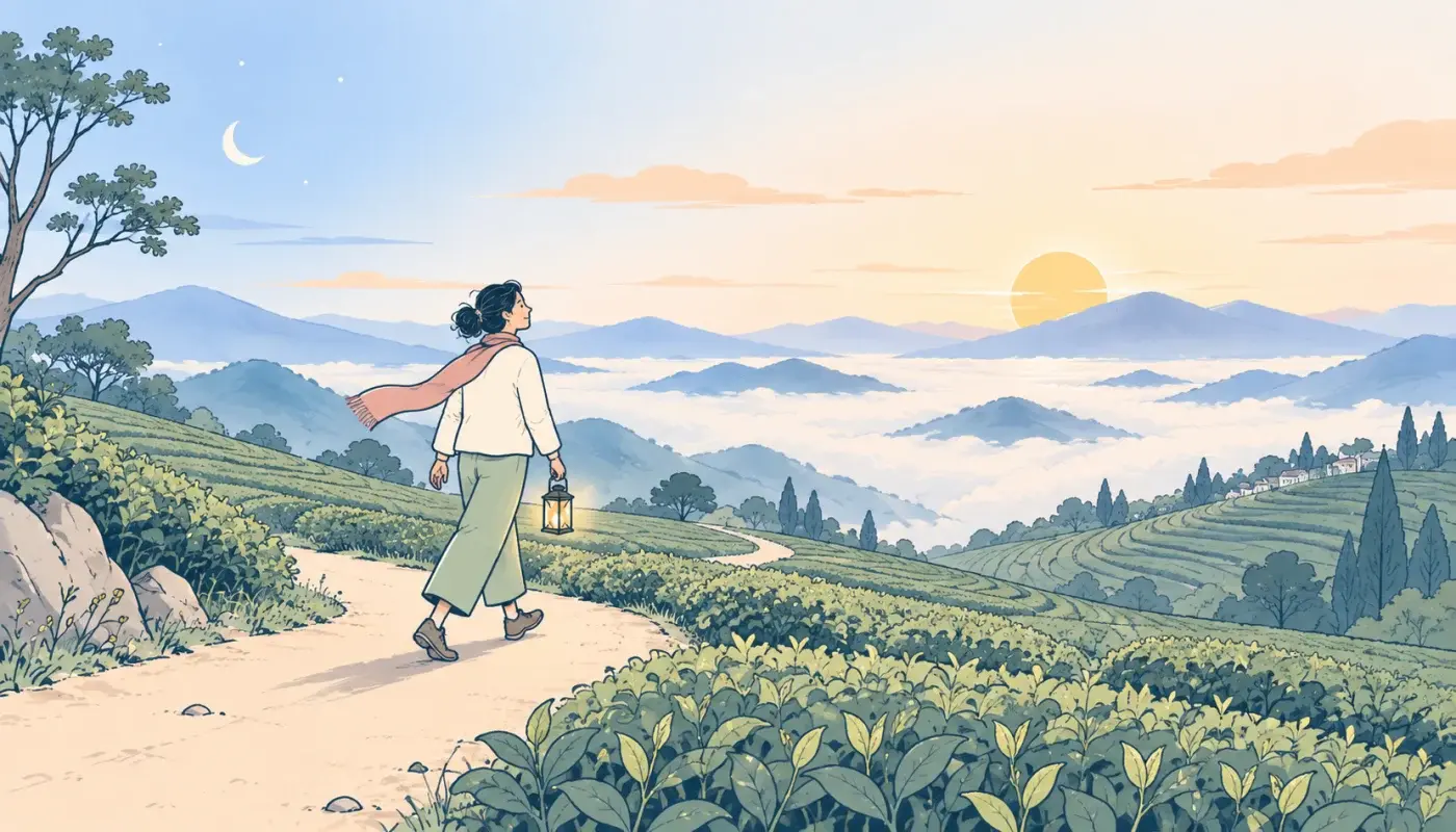 清晨阿里山的茶園步道上，一個人提著小燈往山頂走，山谷間是一片雲海