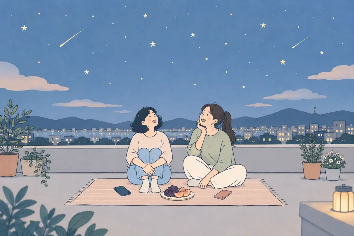 滿天星星的頂樓,兩個朋友坐在墊子上抬頭看星星聊天,手機蓋著放在一旁,遠處是城市的燈和山的輪廓