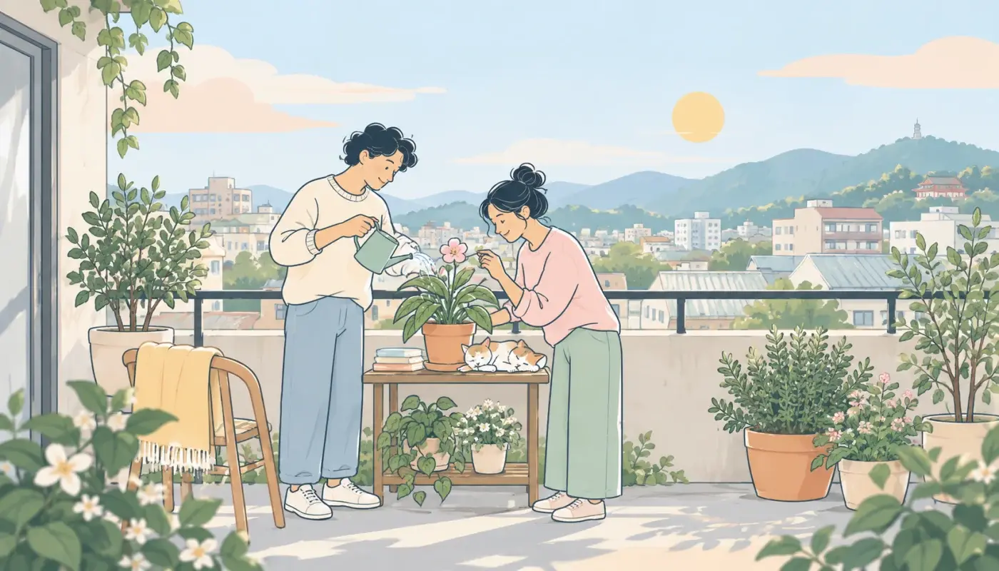 台中老公寓的小陽台花園，兩個人一起照顧一盆開花的盆栽，後方是屋頂和青山