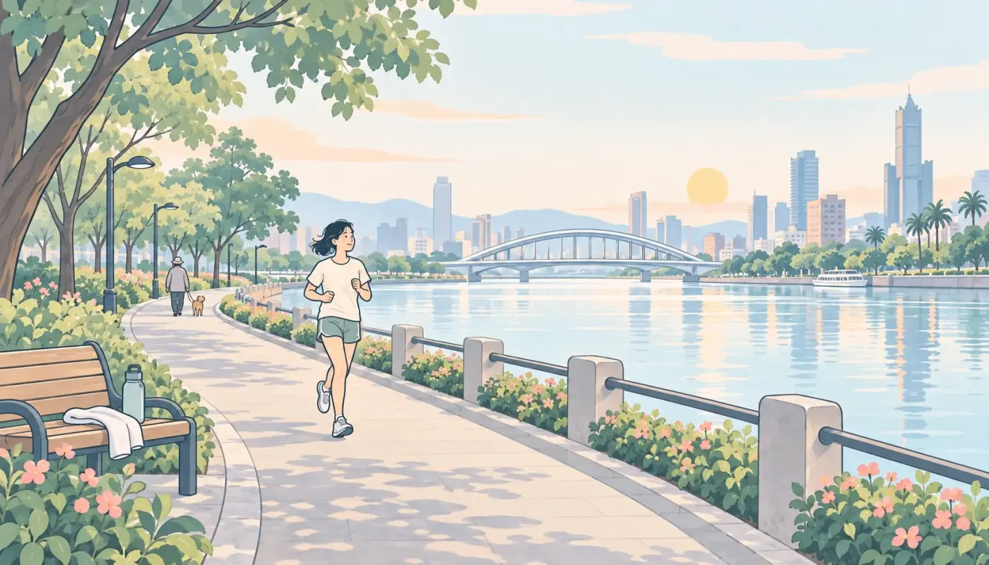 高雄的河堤步道上，一個女生慢跑，遠處是城市與橋