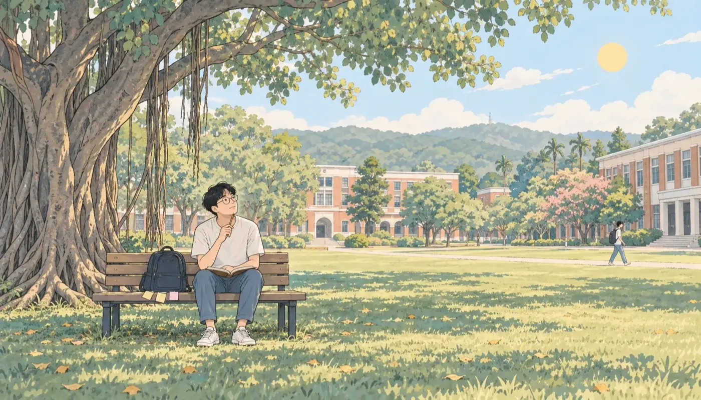 新竹的大學校園，一個男生坐在大榕樹下的長椅上思考
