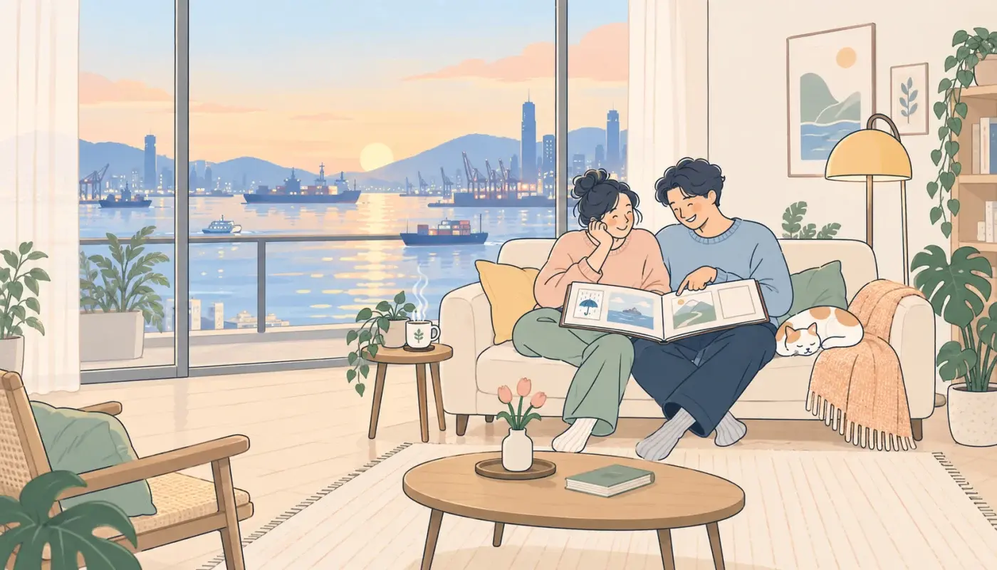 高雄港邊公寓的客廳，兩個人坐在沙發上翻一本相簿，窗外是港口和船