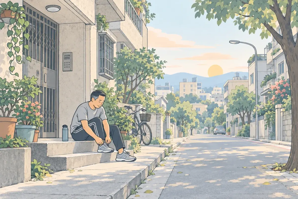 台中老公寓門口的台階上,一位中年男性坐著綁跑鞋的鞋帶,旁邊放著一瓶水