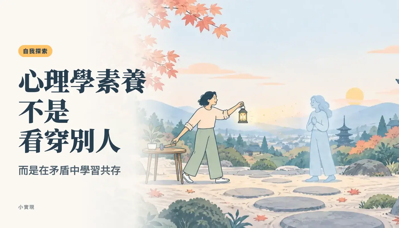 黃昏京都的石板庭園,一個人提著小燈籠往前走,身旁有一個淡藍色、半透明的自己