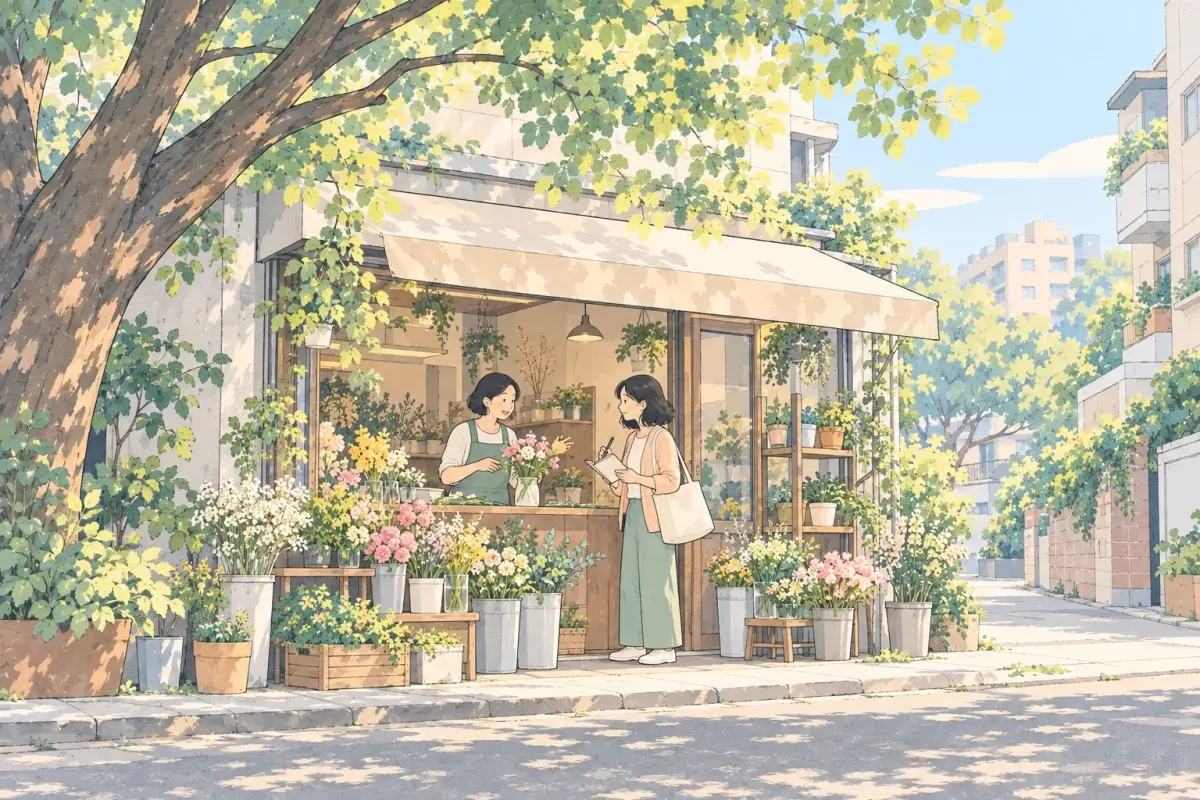 午後民生社區巷子裡的小花店,店主一邊包花束一邊說話,一個拿著筆記本的年輕女生在櫃檯前專心聽