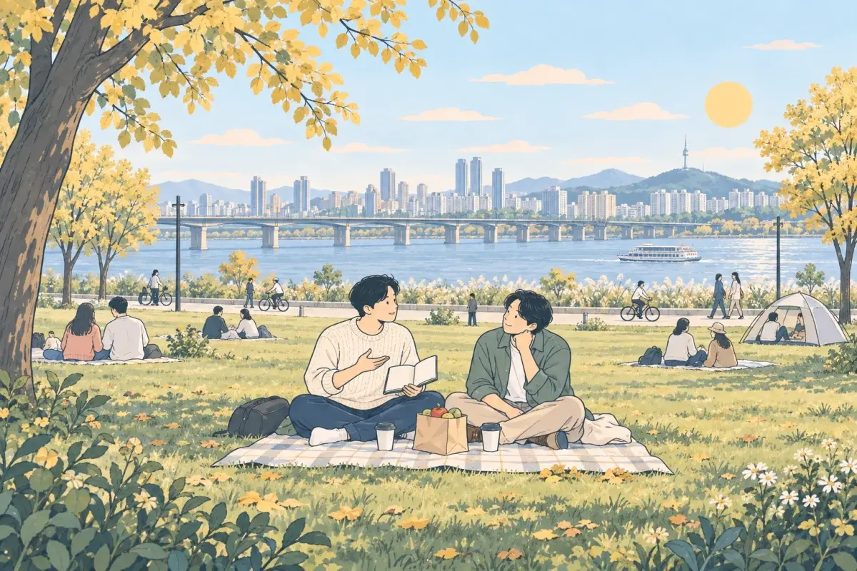 首爾漢江公園秋天的草地上，兩個男生坐在野餐墊上，一個拿著攤開的小筆記本輕聲說著，另一個靠過來專心聽，遠處是跨江的長橋