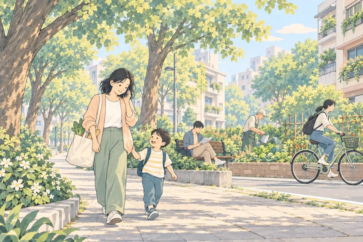 週六早上台北民生社區的林蔭人行道,一位媽媽牽著孩子、提著菜、講著電話,後面有人坐在長椅上看書、有長輩在社區菜圃澆水、有人背著公事包騎腳踏車