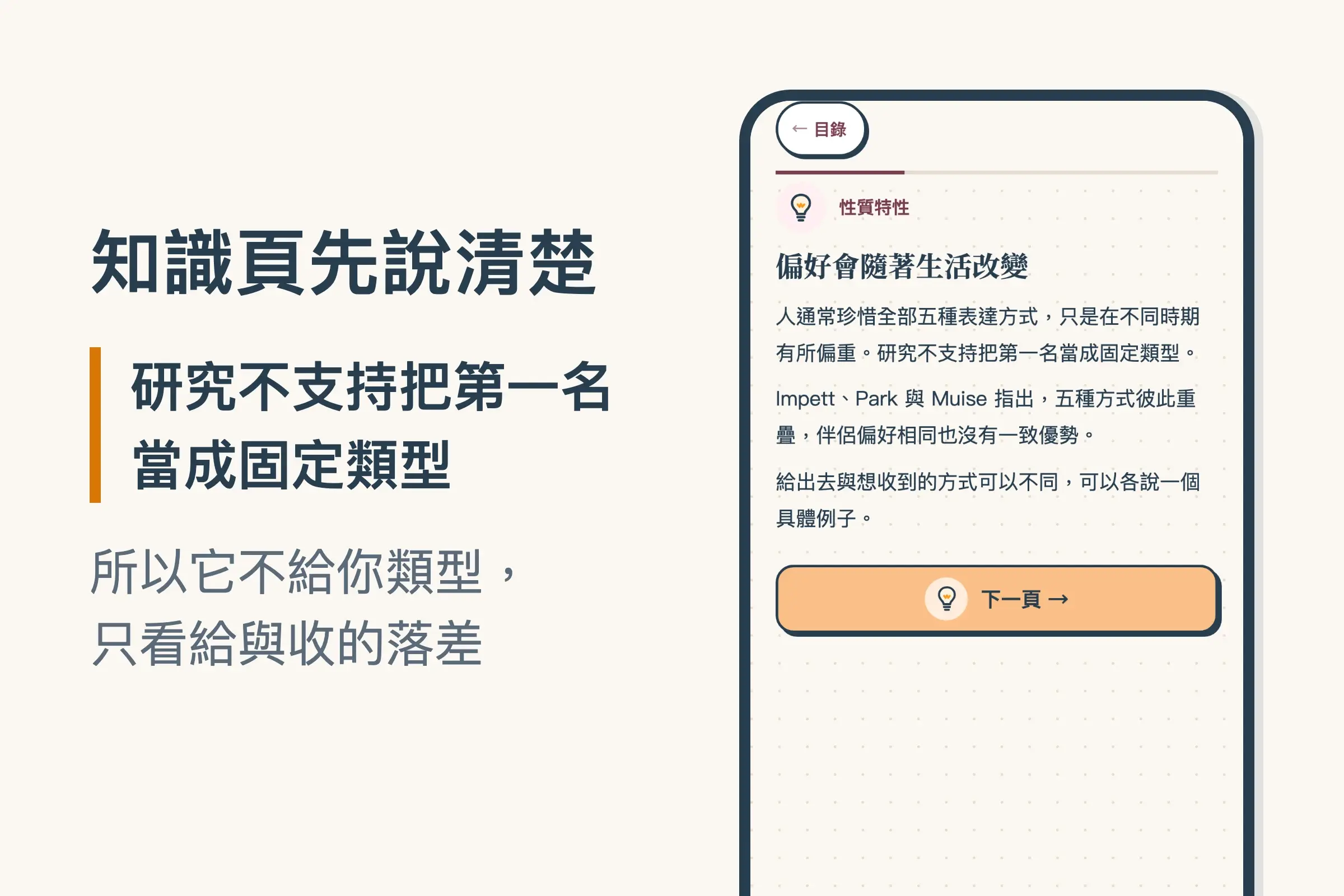 小地圖五種愛的語言知識頁的「性質特性」：偏好會隨著生活改變，人通常珍惜全部五種表達方式，研究不支持把第一名當成固定類型，Impett、Park 與 Muise 指出五種方式彼此重疊