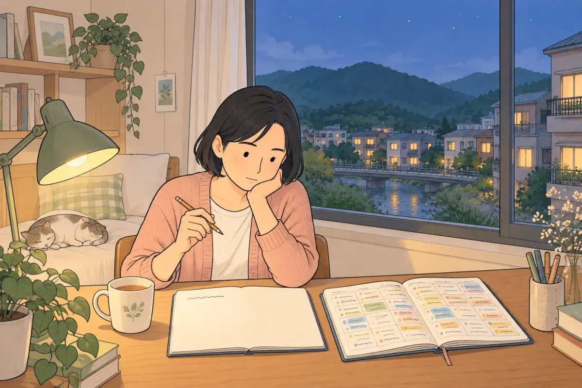 年底的晚上，關西一間透天厝的書桌前，一個女生對著筆記本上寫著人生目標、底下一片空白的那一頁發呆，手邊攤著這一週寫得滿滿的行事曆