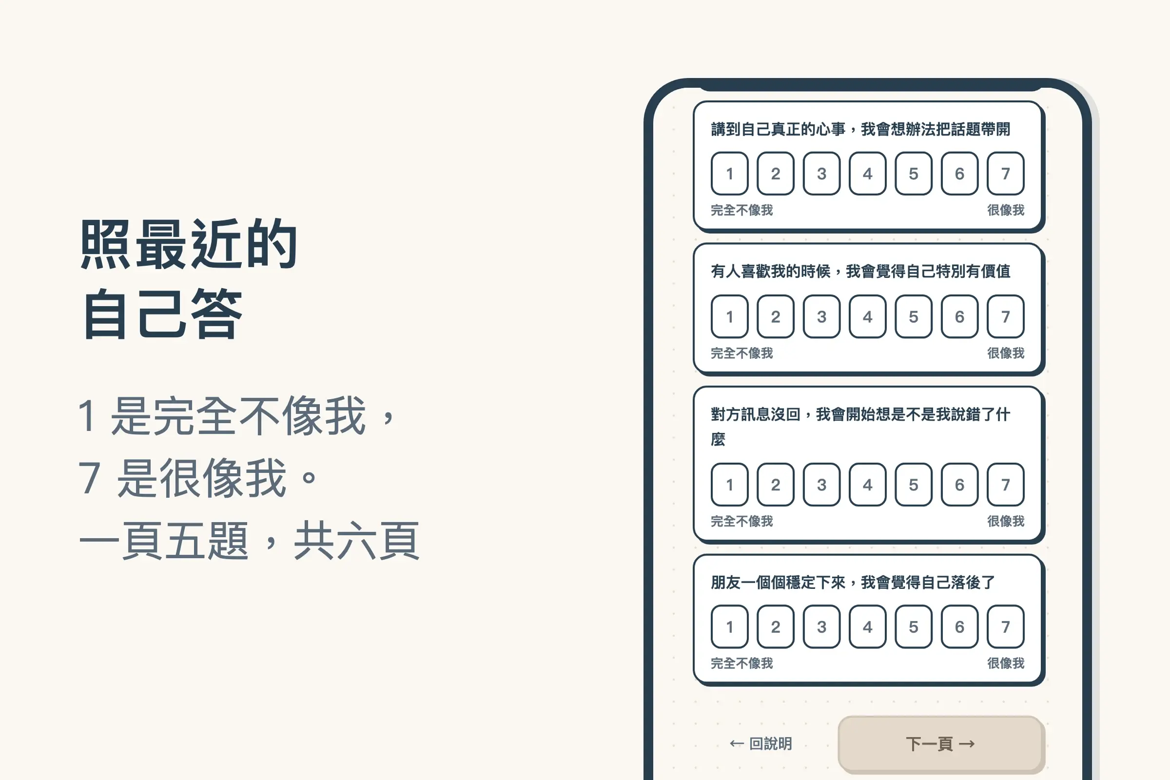 小地圖單身準備度的作答畫面：四題從 1 到 7 的題目，最下面一題是「朋友一個個穩定下來，我會覺得自己落後了」