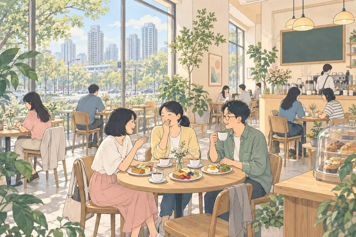 板橋的早午餐店裡，一個綁低馬尾的女生和兩個好朋友圍著圓桌吃早午餐，她被朋友的一句話逗得大笑